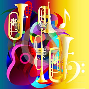 Abstract music background with guitar and wind instruments photo
