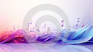 an abstract music background with musical notes and wavy lines of blue, pink, purple, and white colors on a white background