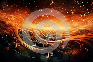 Abstract music background with notes and fire. Orange notes and waves in outer space