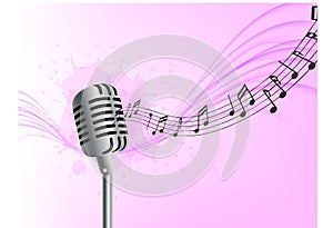 Abstract music background realistic microphone wave notes pink background