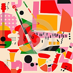 Abstract Music Background, vector illustration. Collage with musical instruments.