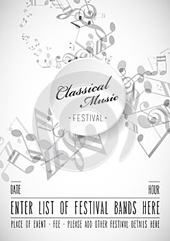 Abstract music festival advertising poster template with tunes.