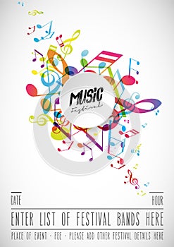 Abstract music festival advertising poster template with tunes.