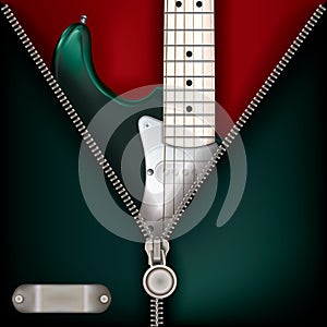 Abstract music green background with guitar and open zipper