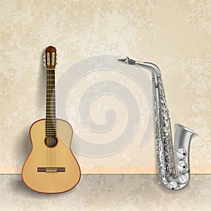 Abstract music grunge background with guitar and saxophone