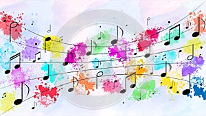 Vector Black Music Notes in Colorful Watercolor Spatters and Splashes Background