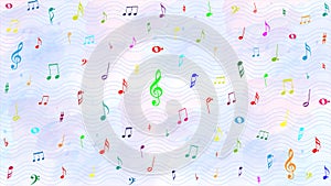 Vector Colorful Music Notes in Wavy Staves and Pastel Watercolor Pattern Background photo
