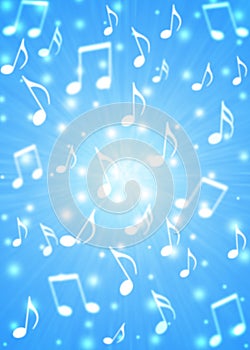 Abstract Music Notes Blast in Blurry Blue Background