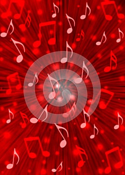 Abstract Music Notes Blast in Blurry Red Background