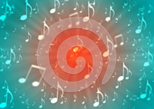 Abstract Music Notes Blast in Blurry Red and Blue Background