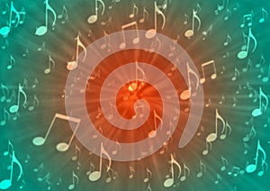 Abstract Music Notes Blast in Blurry Red and Green Background