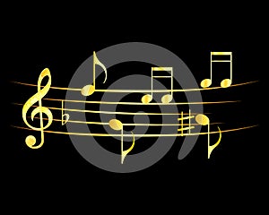 Abstract music notes design. Music notes gold on a black background.