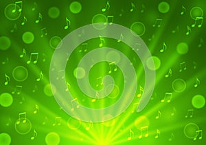 Abstract Music Notes, Light Rays, Bokeh and Bubbles in Green Gradient Background