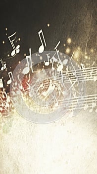 Abstract music notes swirl in a vibrant wave pattern