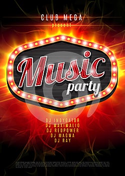 Abstract music party background for music event design. Retro light frame on red flame background. vector illustration.