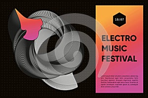 Abstract music poster with 3d shapes. Experimental minimal art design. Dance techno festival background with guilloche