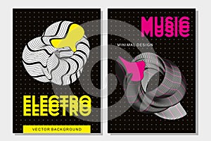Abstract music poster with 3d shapes. Experimental minimal art design. Dance techno festival background with guilloche photo