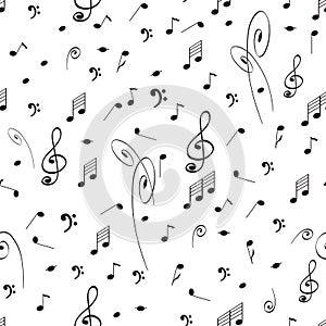 Abstract music seamless pattern background with black notes and treble clef.