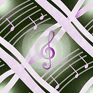 Abstract music theme with purple musical notes on green and white