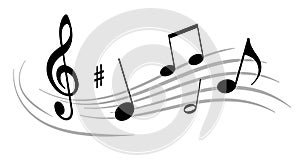 Abstract music vector illustration with clef and various notes on a dynamic wave