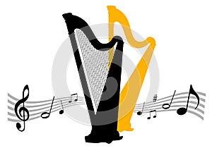 Abstract harp music vector illustration with clef and various notes on a dynamic wave for classical music