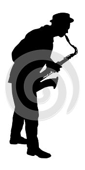 Abstract music vector illustration with a silhouette of a saxophone player in action for jazz and other music