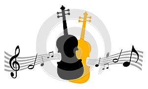 Abstract violin vector illustration with clef and various notes on a dynamic wave for classical music
