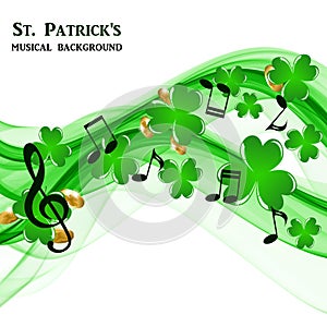 Abstract musical background and clover petals with gold coins