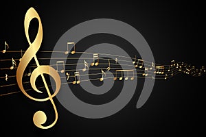 Abstract musical background. Gold music notes and treble clef on line wave of sound tune