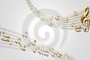 Abstract musical background. Gold music notes and treble clef on line wave of sound tune