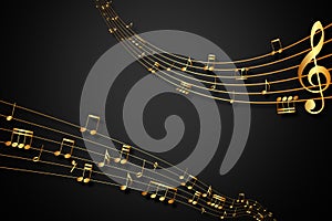 Abstract musical background. Gold music notes and treble clef on line wave of sound tune