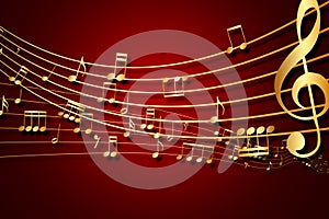 Abstract musical background. Gold music notes and treble clef on line wave of sound tune