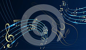 Abstract musical background. Gold music notes and treble clef on line wave of sound tune. Flowing shiny musical waves with notes