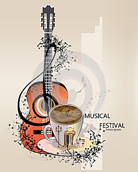 Abstract musical background with a guitar and treble clef.