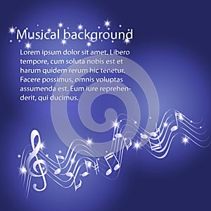 Abstract musical background with silver notes and treble clef