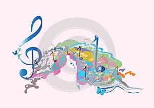 Abstract musical design with a colourful treble clef and musical waves, notes and splashes.