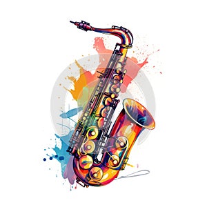 Abstract musical design with saxophone and colorful splashes, notes and waves.