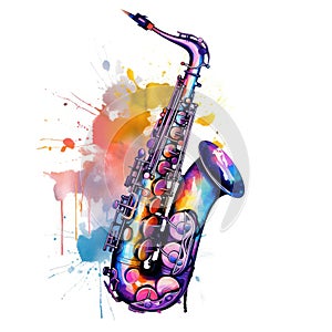 Abstract musical design with saxophone and colorful splashes, notes and waves.