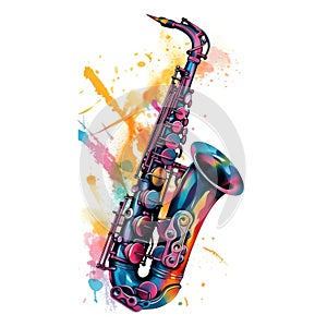 Abstract musical design with saxophone and colorful splashes, notes and waves.