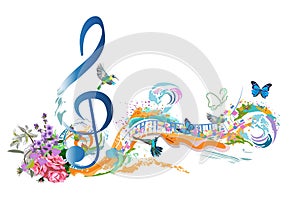 Abstract musical design with a treble clef and colorful splashes, notes and waves.