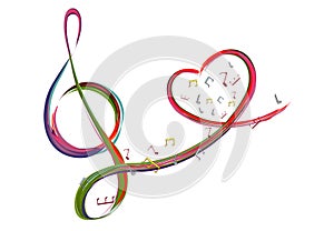 Abstract musical design with a treble clef and colorful splashes, notes and waves.