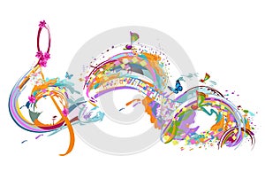 Abstract musical design with a treble clef and colorful splashes, notes and waves. Colorful treble clef.