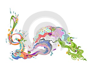 Abstract musical design with a treble clef and colorful splashes, notes and waves. Colorful treble clef.