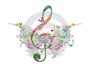 Abstract musical design with a treble clef and colorful splashes, notes and waves. Colorful treble clef.