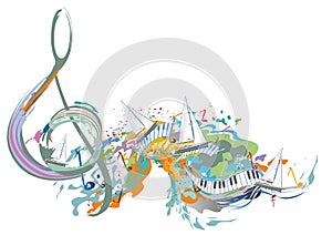 Abstract musical design with a treble clef and colorful splashes, notes and waves. Colorful treble clef.