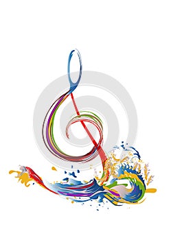 Abstract musical design with a treble clef and colorful splashes and waves.