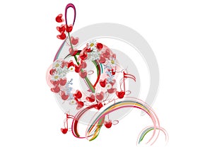 Abstract musical design with a treble clef and musical flowers, notes and hearts. Love music.