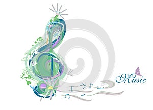 Abstract musical design with a treble clef and sights. Colorful splashes and waves.