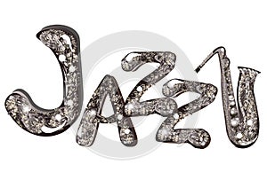 Abstract musical design with a trumpet from diamond pattern and Jazz lettering, notes and waves.