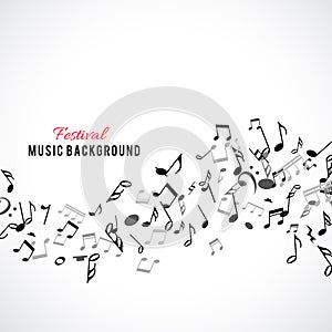 Abstract musical frame and border with black notes on white background.